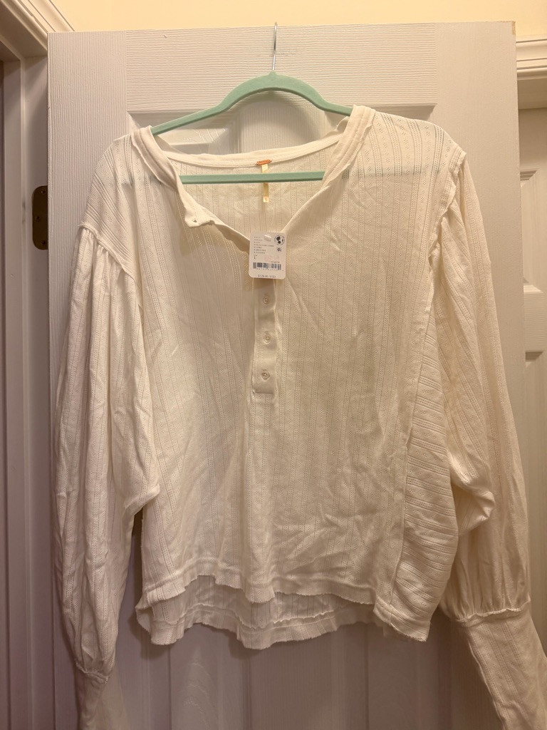 Free People Cream Ribbed Henley Long-Sleeve Top Patch On Sleeve